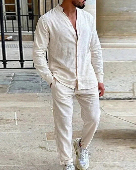 Men’s Linen-Blend Two-Piece Set – Mao-Collar Shirt and Matching Trousers