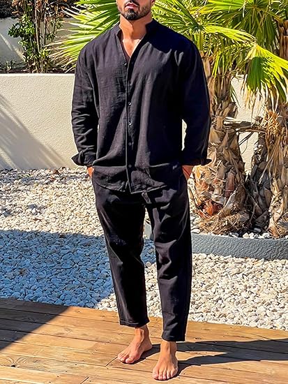 Men’s Linen-Blend Two-Piece Set – Mao-Collar Shirt and Matching Trousers
