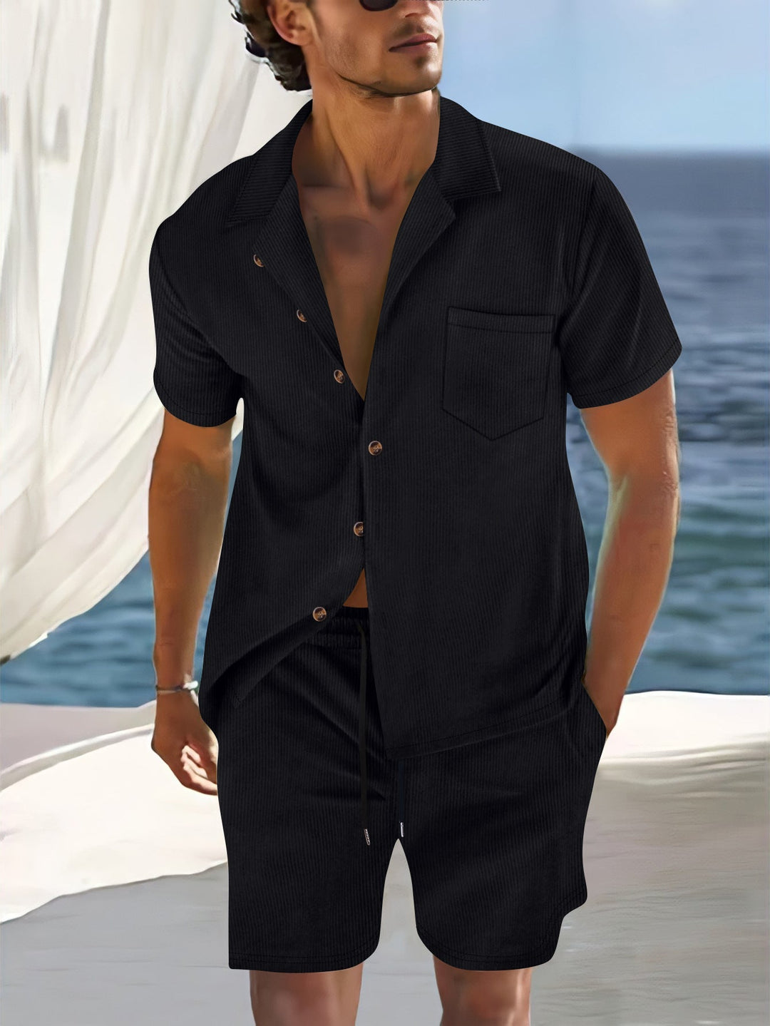 Men’s Linen-Look Shirt and Shorts Set – Lightweight Beach Outfit