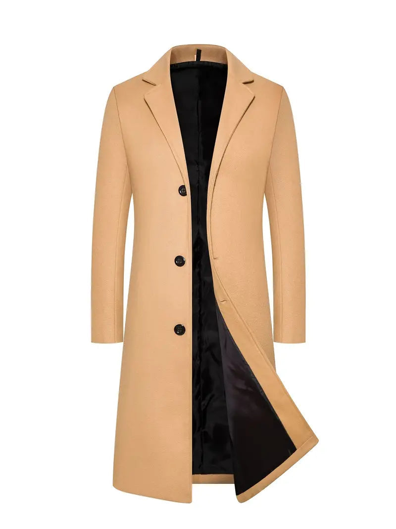 Men's Long Fitted Winter Overcoat with Single-Breasted Front and Lapels