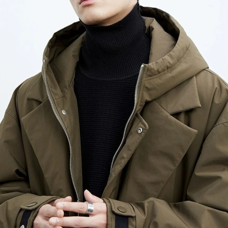 Men's Long Insulated Hooded Trench Coat – Weather-Resistant Winter Outerwear