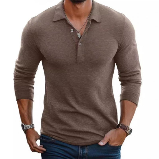 Men’s Long-Sleeve Cotton-Blend Polo – Slim Fit with Lapel Collar