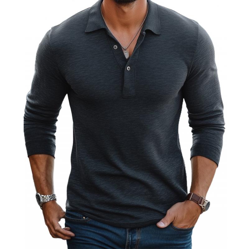 Men’s Long-Sleeve Cotton-Blend Polo – Slim Fit with Lapel Collar