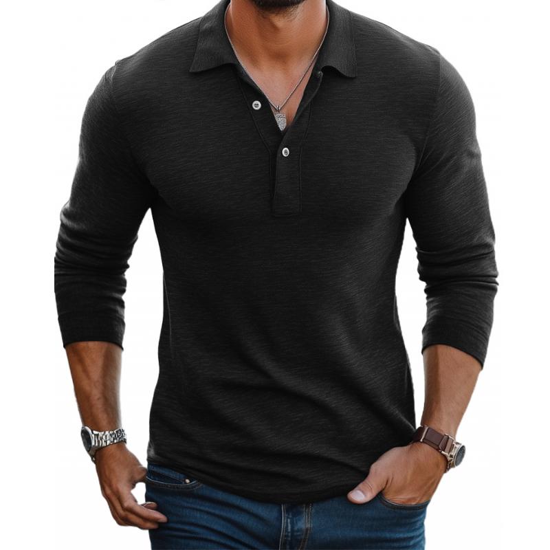 Men’s Long-Sleeve Cotton-Blend Polo – Slim Fit with Lapel Collar