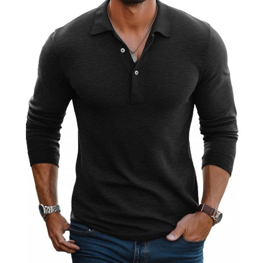 Men’s Long-Sleeve Cotton-Blend Polo – Slim Fit with Lapel Collar