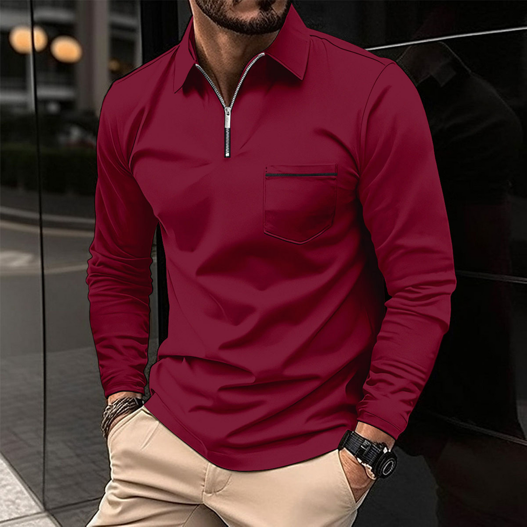 Men’s Long-Sleeve Polo Shirt – Premium Cotton Blend with Chest Pocket