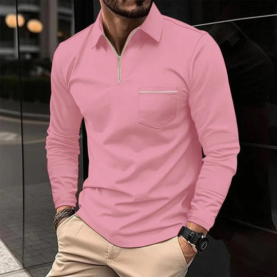 Men’s Long-Sleeve Polo Shirt – Premium Cotton Blend with Chest Pocket
