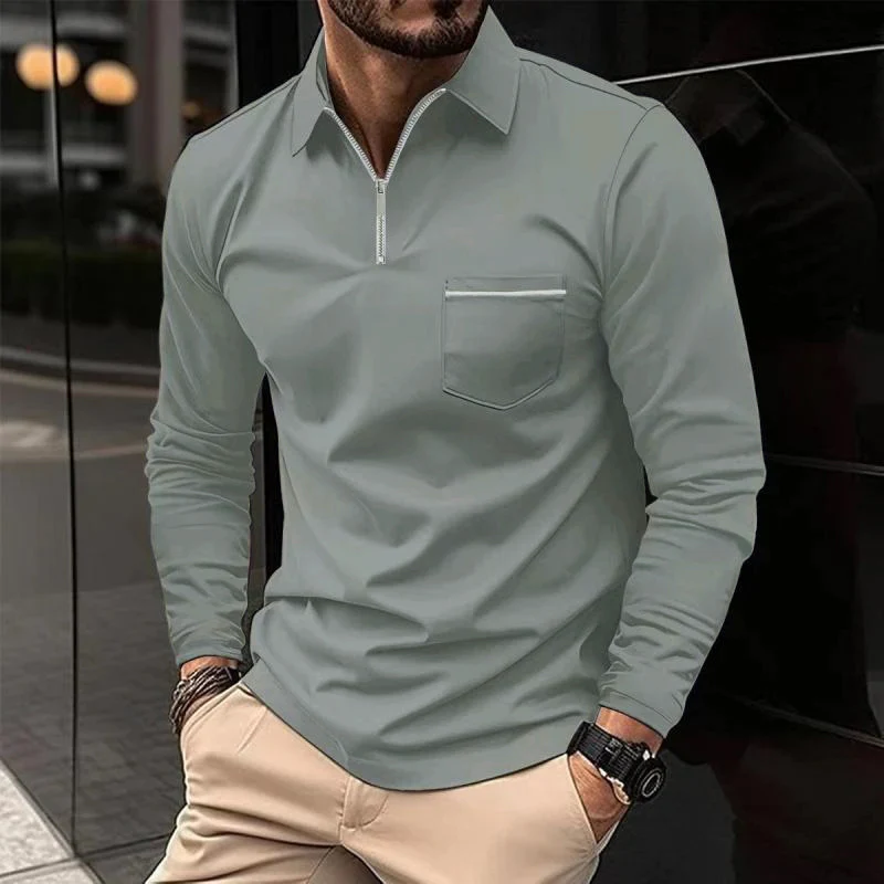 Men’s Long-Sleeve Polo Shirt – Premium Cotton Blend with Chest Pocket