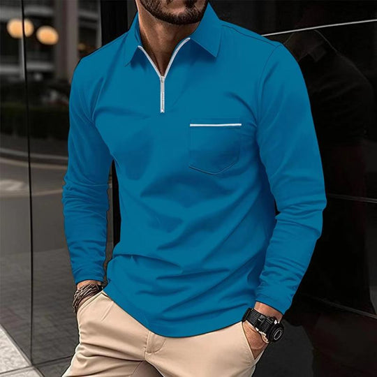 Men’s Long-Sleeve Polo Shirt – Premium Cotton Blend with Chest Pocket