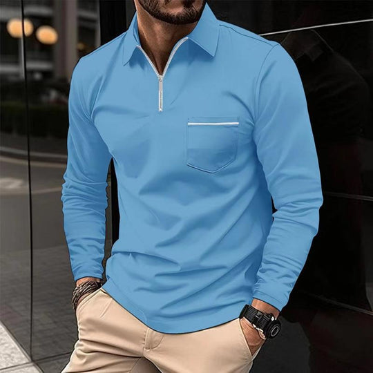 Men’s Long-Sleeve Polo Shirt – Premium Cotton Blend with Chest Pocket