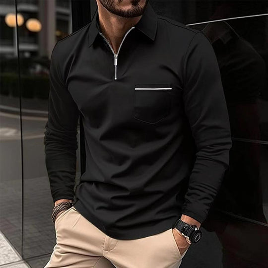 Men’s Long-Sleeve Polo Shirt – Premium Cotton Blend with Chest Pocket