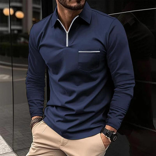 Men’s Long-Sleeve Polo Shirt – Premium Cotton Blend with Chest Pocket
