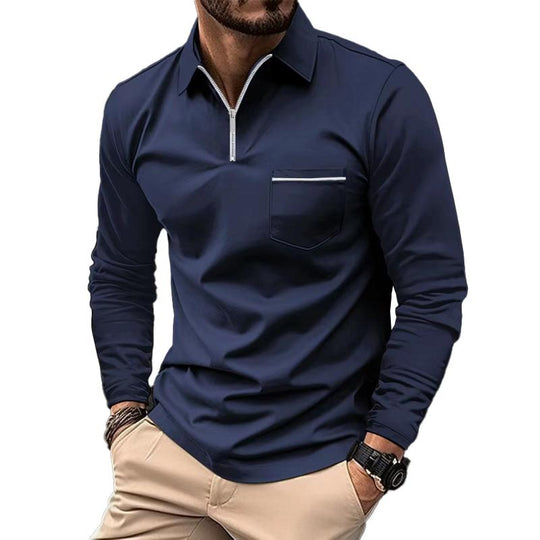 Men’s Long-Sleeve Polo Shirt – Premium Cotton Blend with Chest Pocket