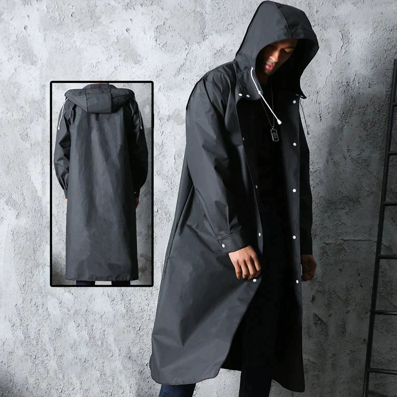 Men's Long Waterproof Outdoor Raincoat with Adjustable Hood