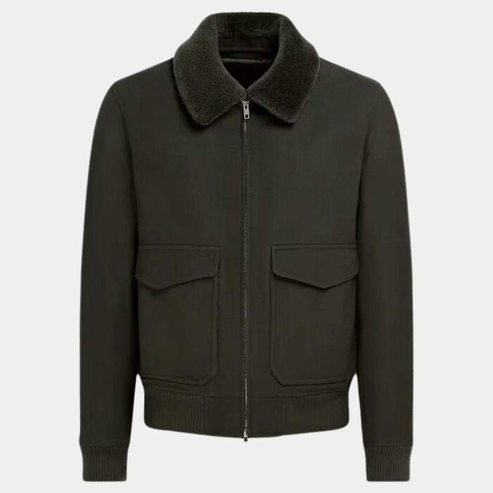 Men's Military Green Fleece-Lined Winter Bomber Jacket