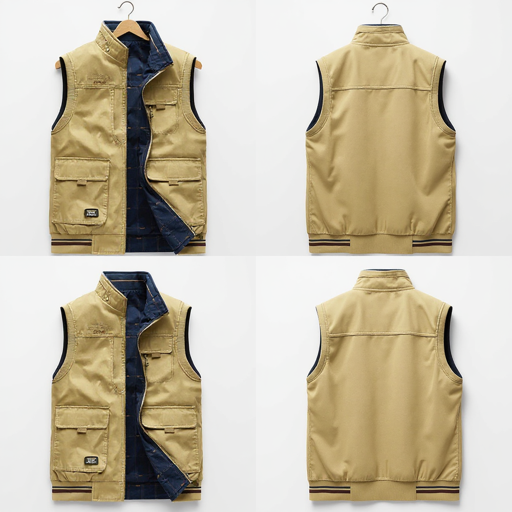 Men's Reversible Cotton Utility Vest with Multiple Pockets