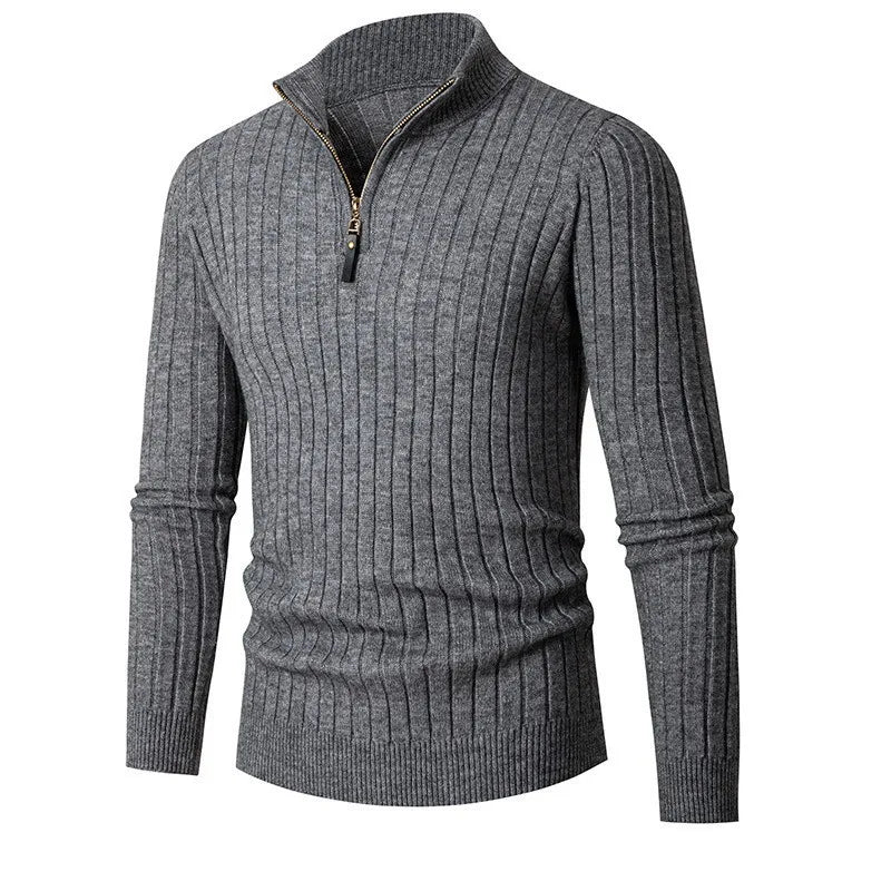Men’s Ribbed Half-Zip Sweater – Soft High-Collar Spun-Blend Knit