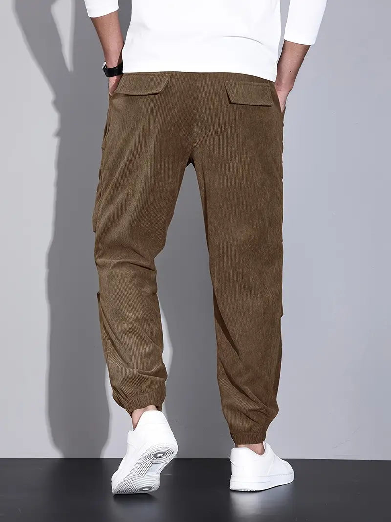 Men's Slim Corduroy Cargo Trousers with Drawstring Waist, S–2XL