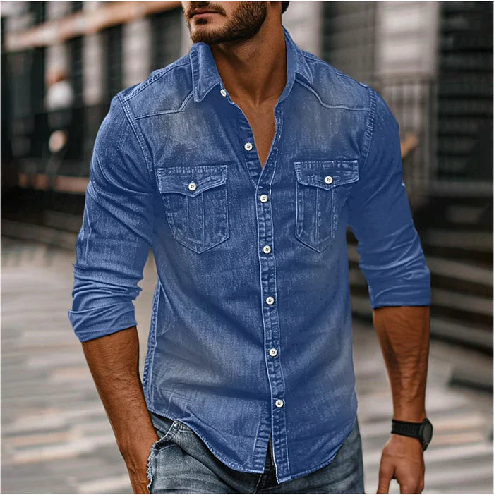 Men's Slim Stretch Denim Shirt – Snap Buttons and Western Chest Pockets