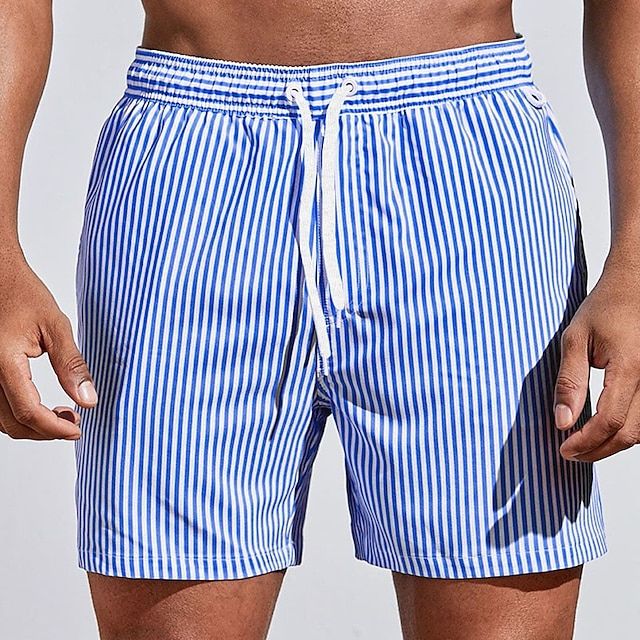 Men's Striped Quick-Dry Swim Shorts with Drawstring Waist