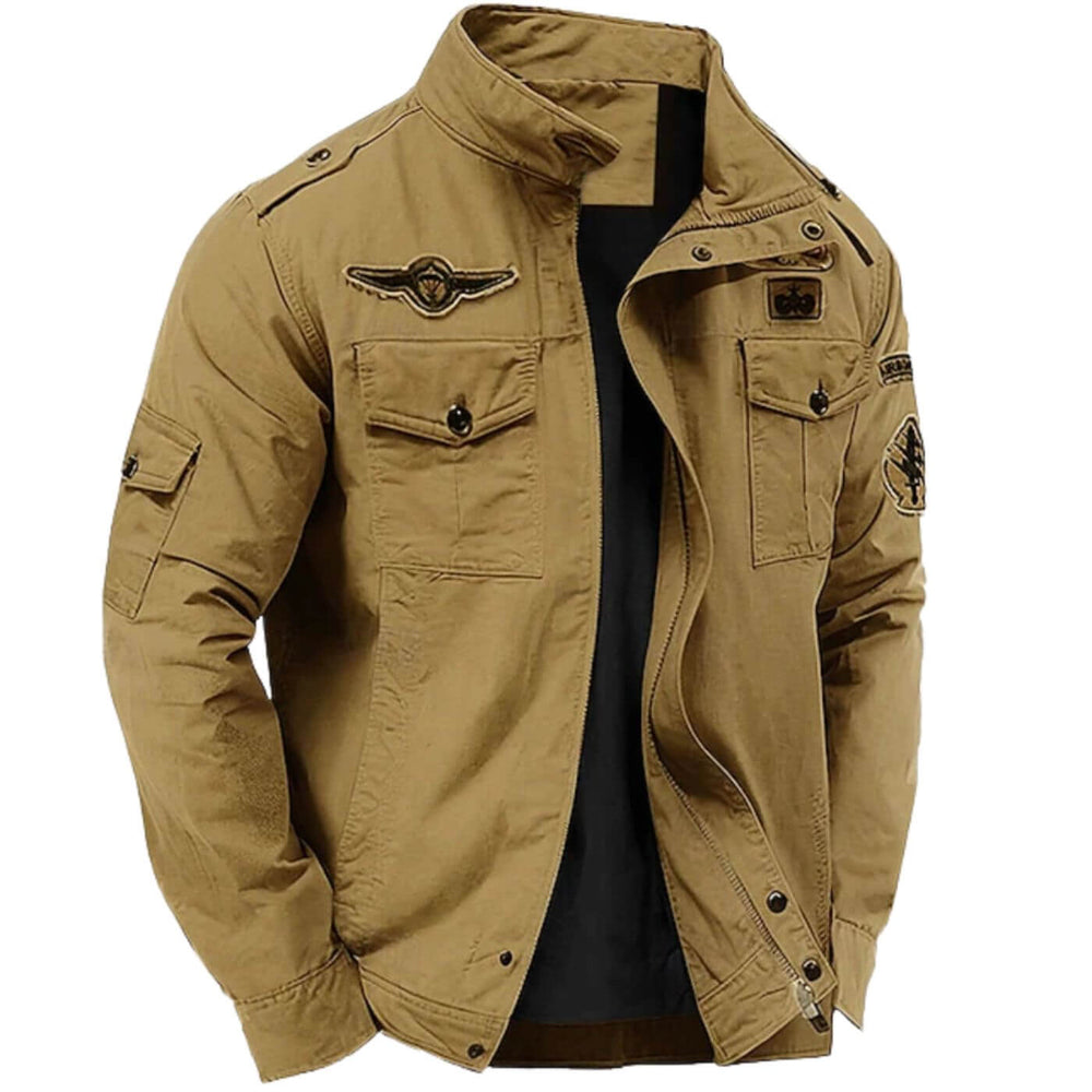 Men's Structured Cotton Military Cargo Jacket with Stand Collar