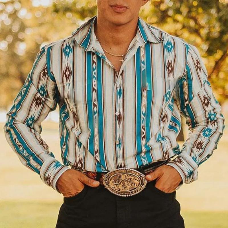 Men's Western Striped Shirt – Long-Sleeve Snap-Button Top