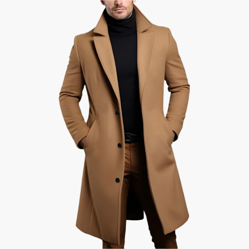 Men's Wool-Blend Overcoat – Single-Breasted Mid-Length Winter Coat