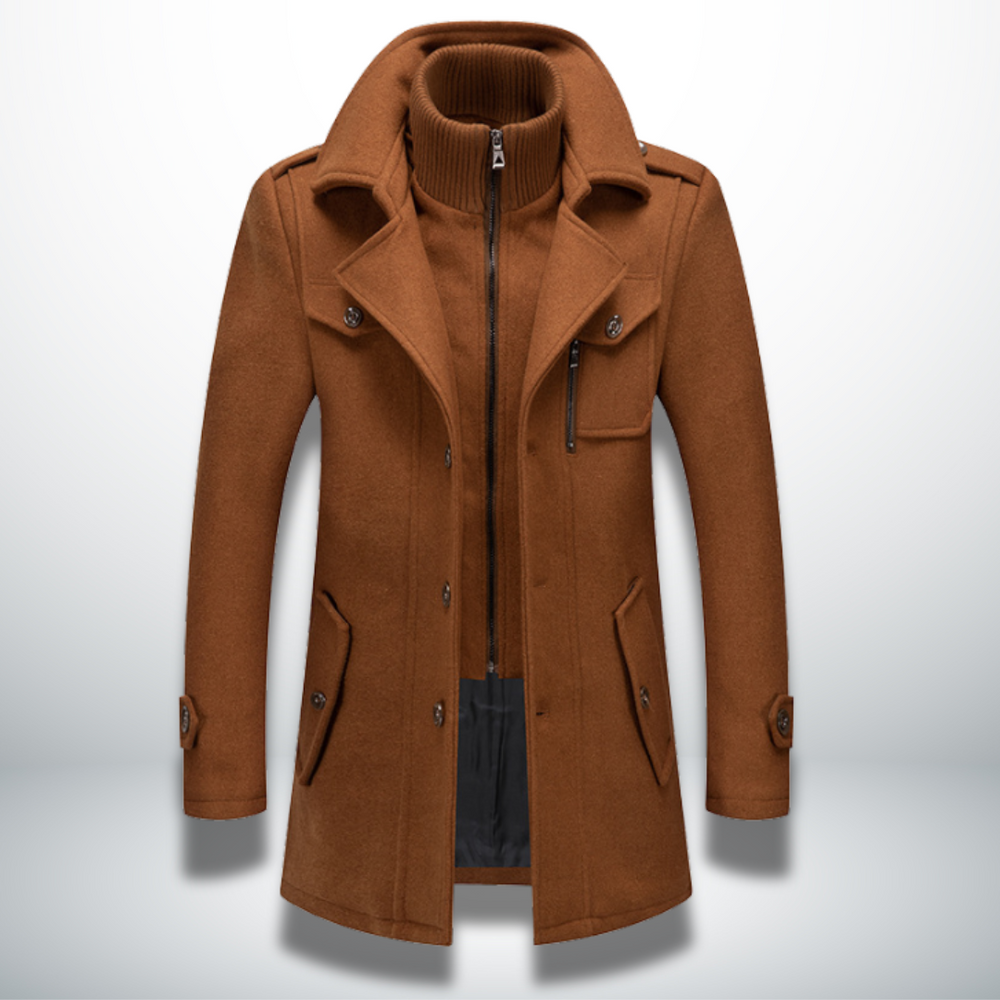 Men's Wool-Blend Peacoat – Full-Zip Double-Collar Winter Jacket