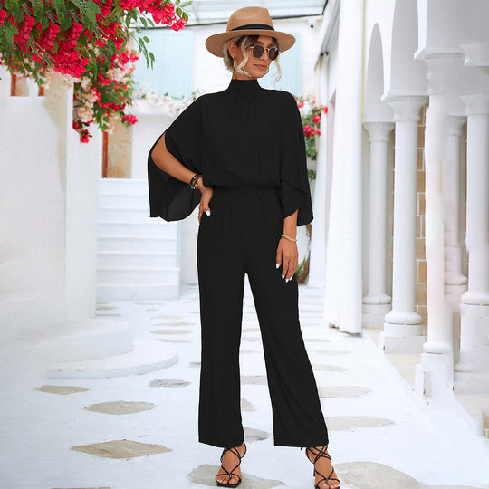 Mikayla Wide-Leg Jumpsuit – High Neck, Split Cape Sleeves and Pockets