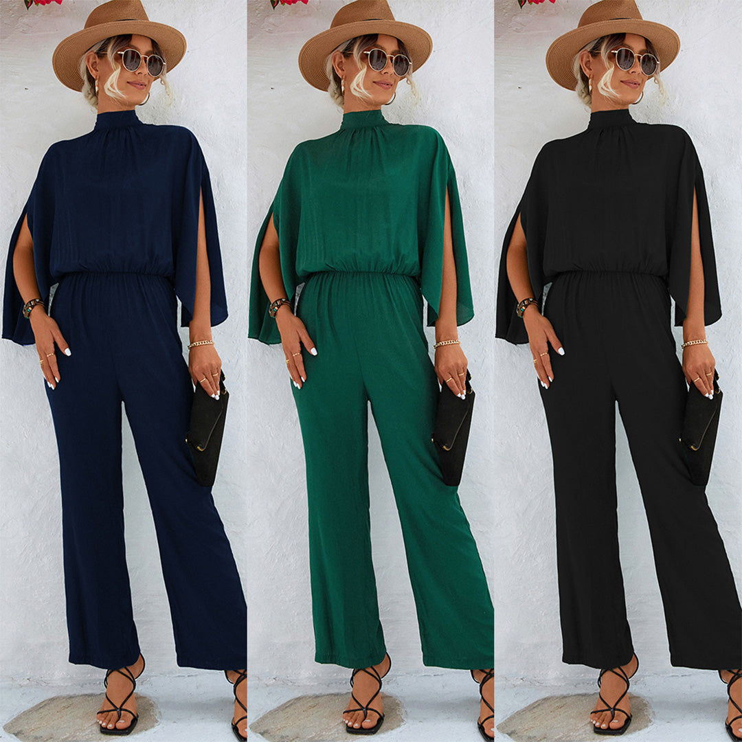 Mikayla Wide-Leg Jumpsuit – High Neck, Split Cape Sleeves and Pockets
