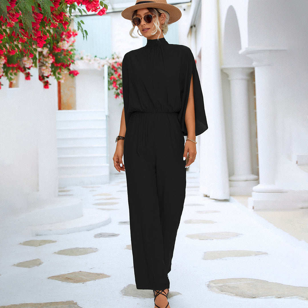 Mikayla Wide-Leg Jumpsuit – High Neck, Split Cape Sleeves and Pockets