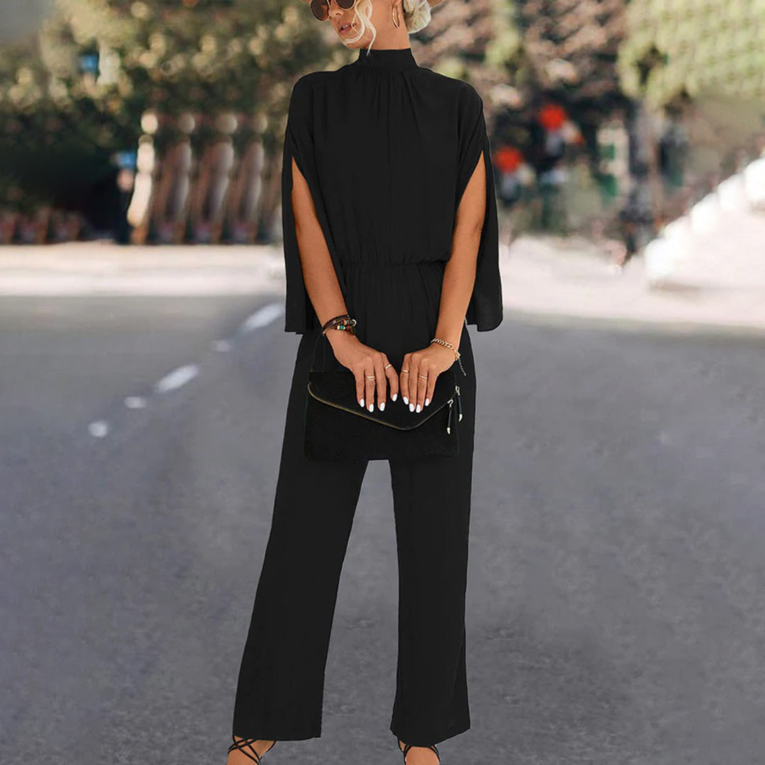 Mikayla Wide-Leg Jumpsuit – High Neck, Split Cape Sleeves and Pockets