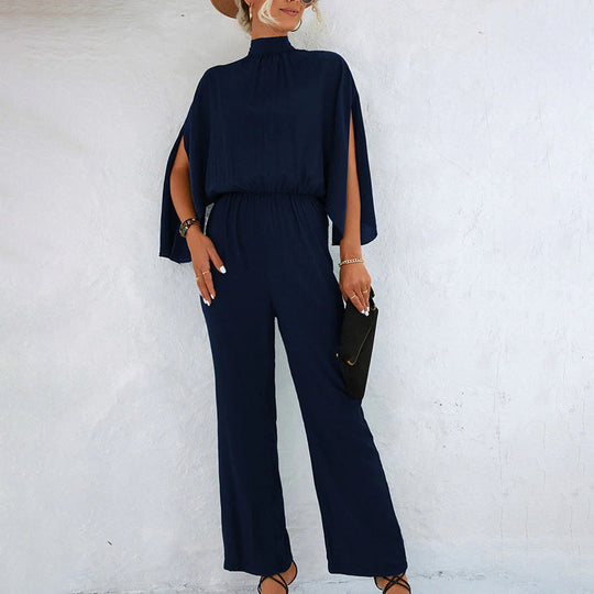 Mikayla Wide-Leg Jumpsuit – High Neck, Split Cape Sleeves and Pockets