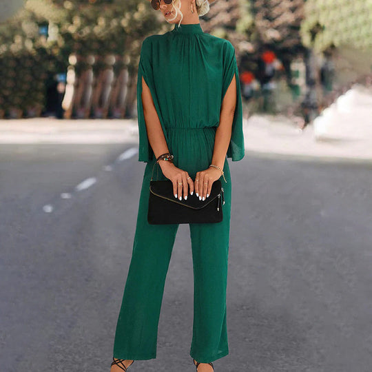 Mikayla Wide-Leg Jumpsuit – High Neck, Split Cape Sleeves and Pockets