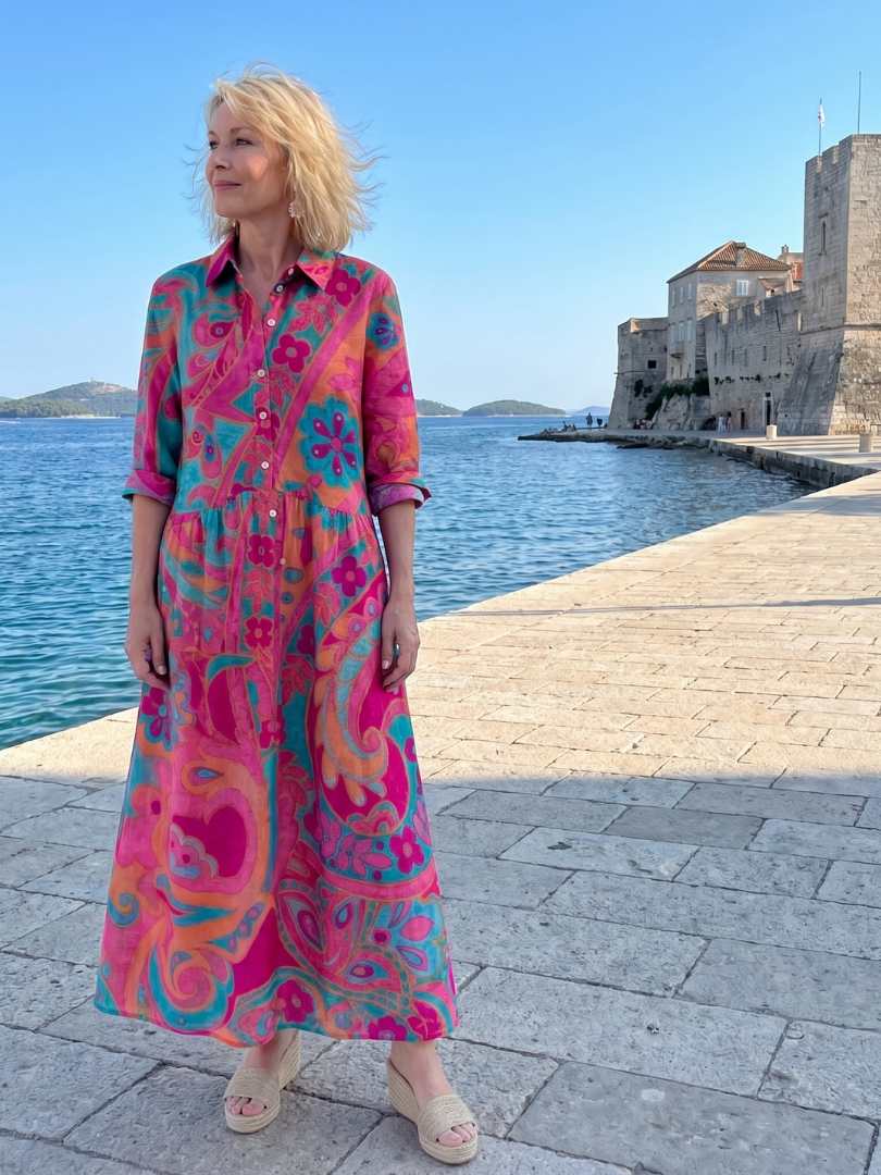 Multicoloured Button-Front Midi Shirt Dress