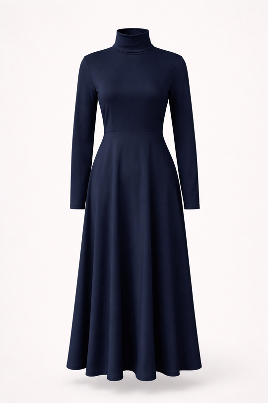 Navy Knitted A-Line Midi Dress with High Neck