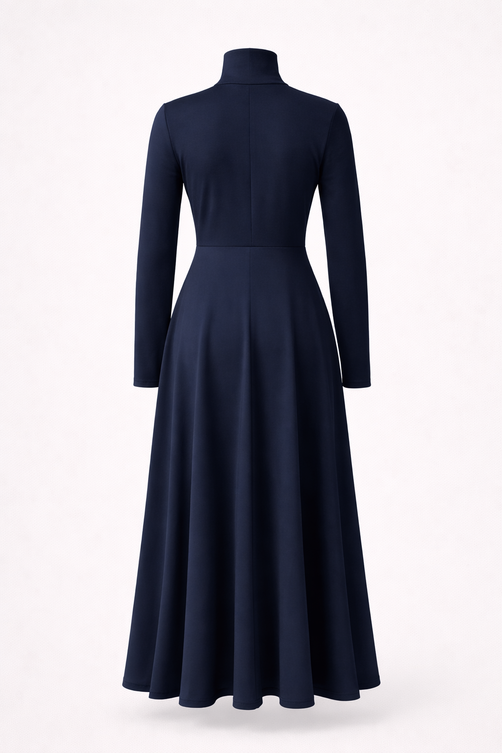 Navy Knitted A-Line Midi Dress with High Neck