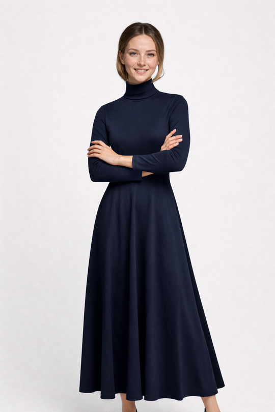 Navy Knitted A-Line Midi Dress with High Neck