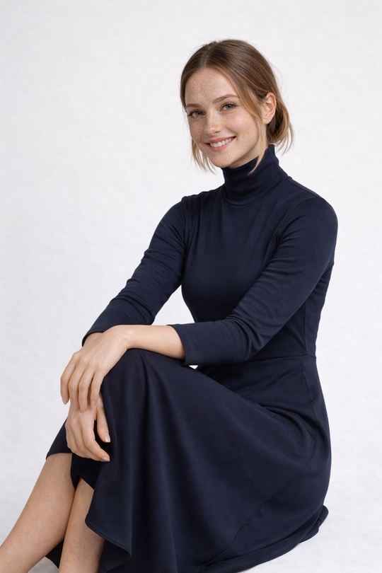 Navy Knitted A-Line Midi Dress with High Neck