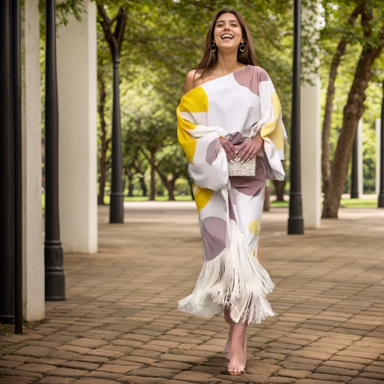 One-Shoulder Asymmetric Wrap Midi Dress