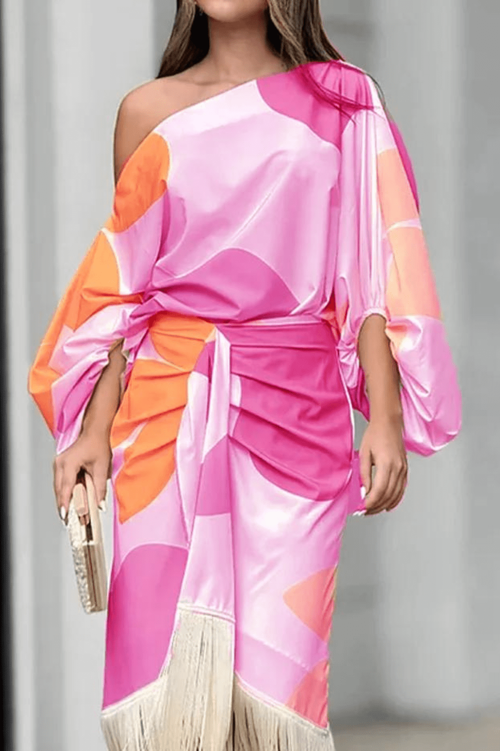One-Shoulder Asymmetric Wrap Midi Dress