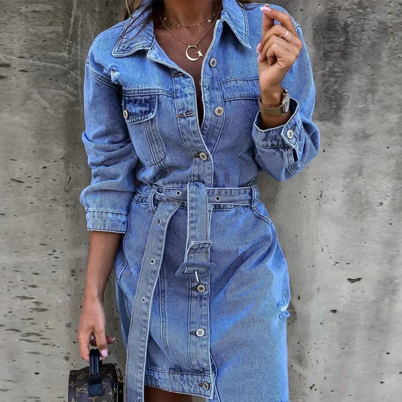 Pauletta Women’s Denim Shirt Dress – Belted Button-Front Design