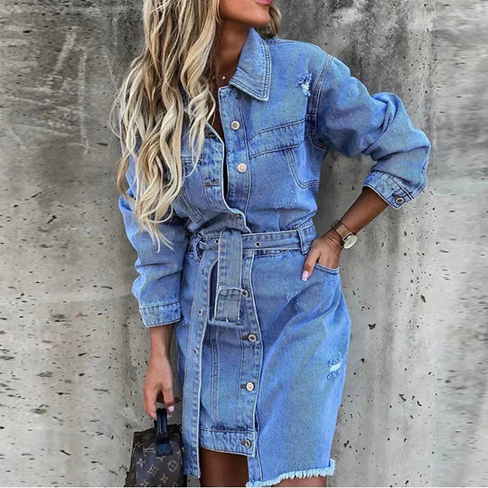 Pauletta Women’s Denim Shirt Dress – Belted Button-Front Design