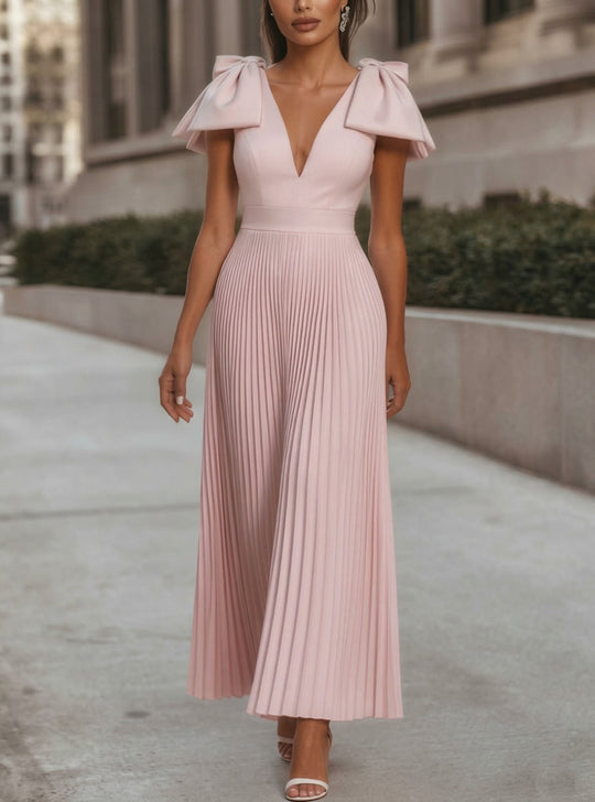 Pink Chiffon A-Line Dress – V-Neck Ankle Length with Bow