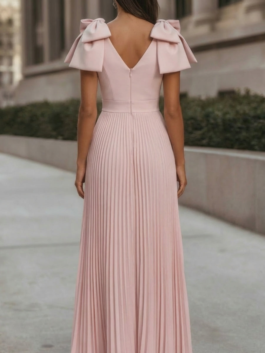 Pink Chiffon A-Line Dress – V-Neck Ankle Length with Bow