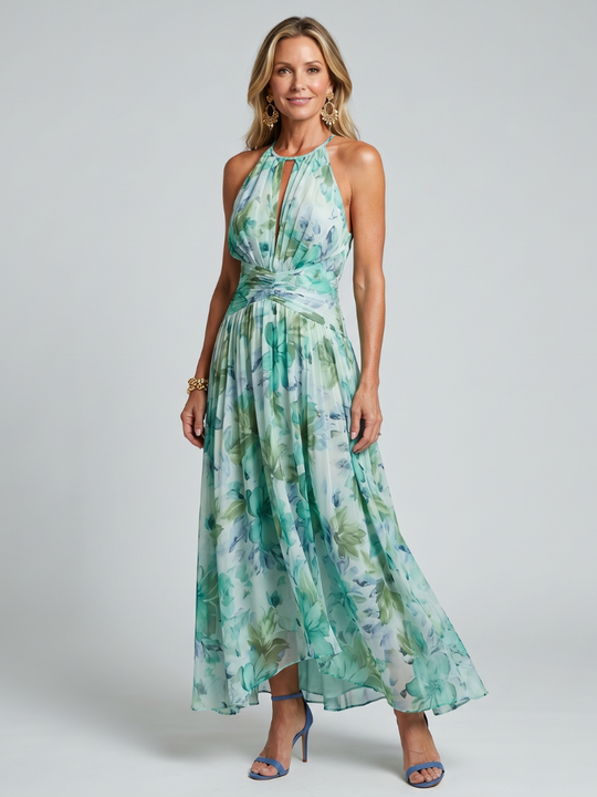 Pleated Floral Halter Midi Dress