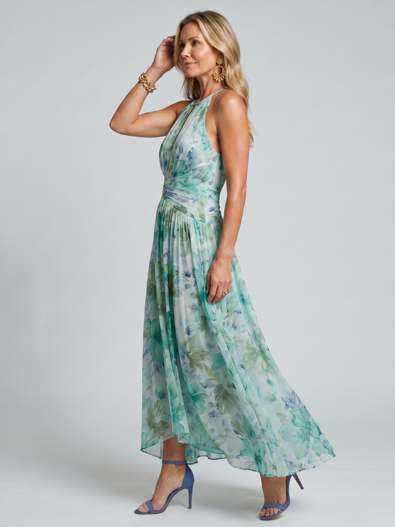 Pleated Floral Halter Midi Dress
