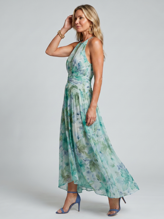 Pleated Floral Halter Midi Dress