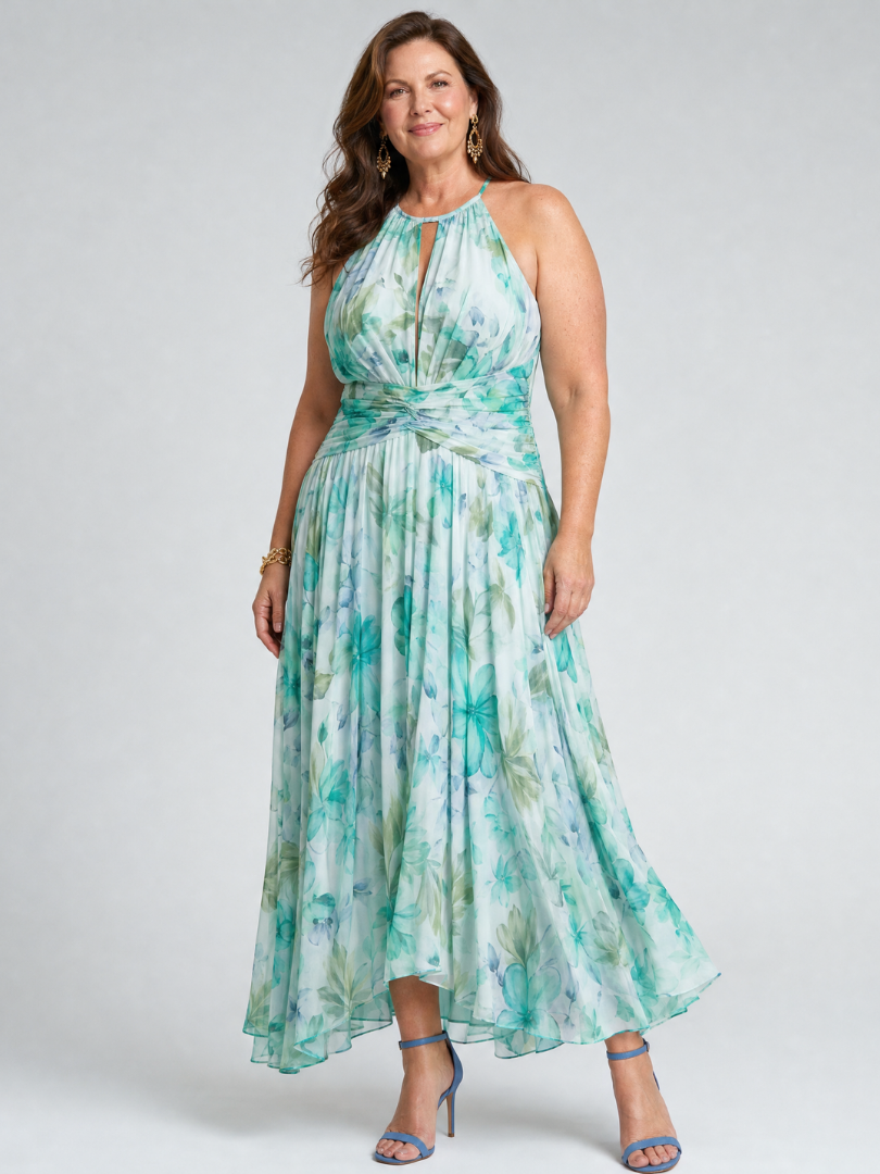 Pleated Floral Halter Midi Dress
