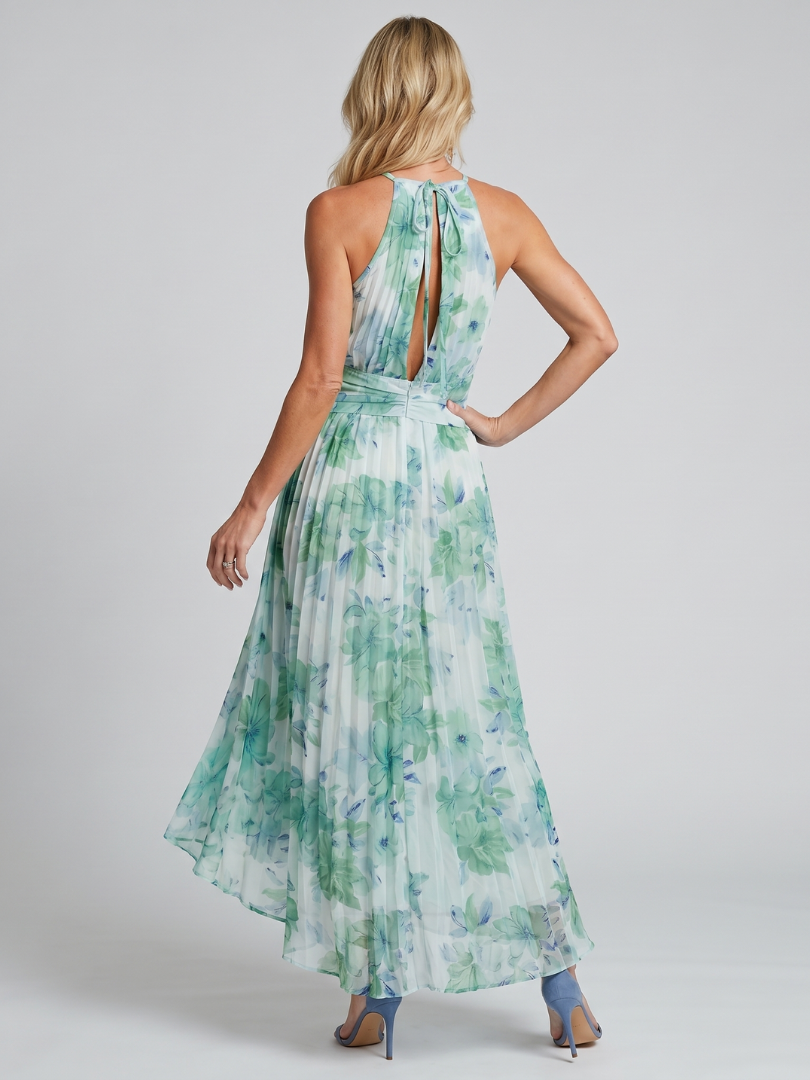 Pleated Floral Halter Midi Dress